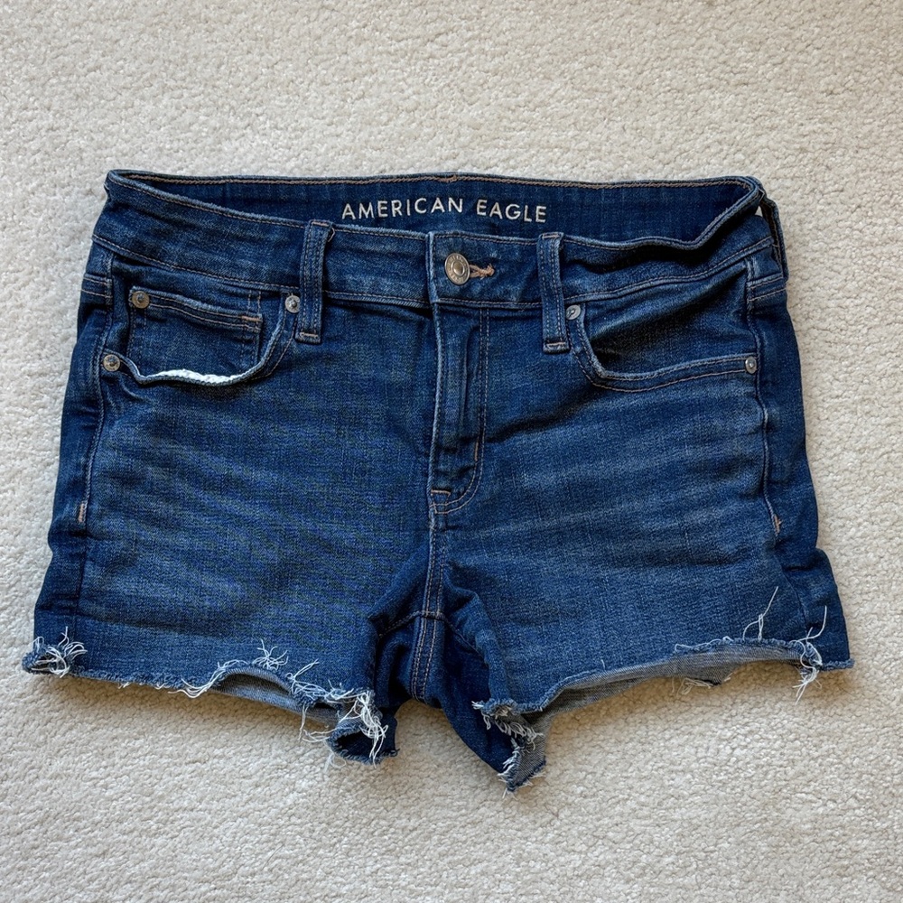 American Eagle Outfitters Next Level Denim Midi Dark Blue Jean Shorts